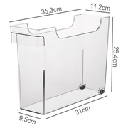 Clear Pull-Out Organiser – Narrow for efficient kitchen or pantry storage, perfect for under sink or drawer use, with dimensions.