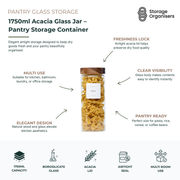 1750ml acacia glass pantry storage jar with airtight wooden lid, clear borosilicate glass container for pasta, rice, cereal, and kitchen organisation