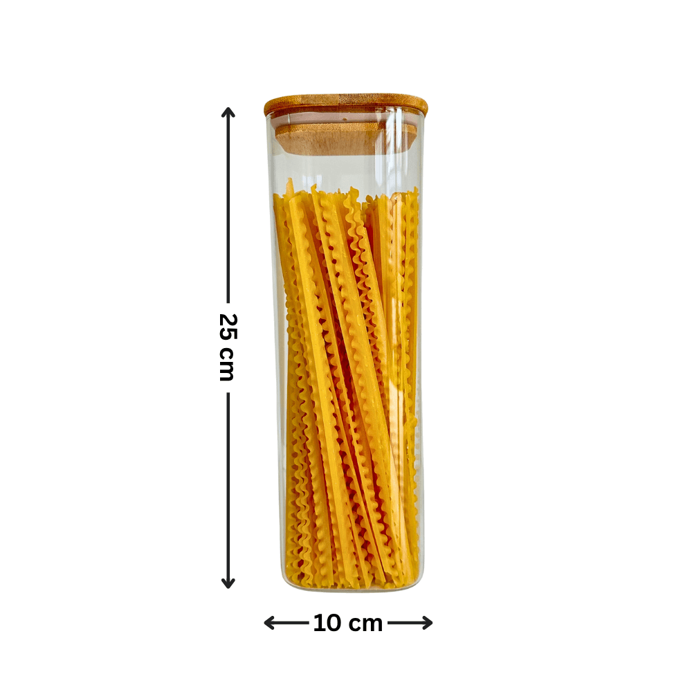 Square Bamboo Glass Pantry Jar Set – 5 Stackable Sizes, ideal for kitchen and pantry organisation, shown storing pasta in a clear glass jar.