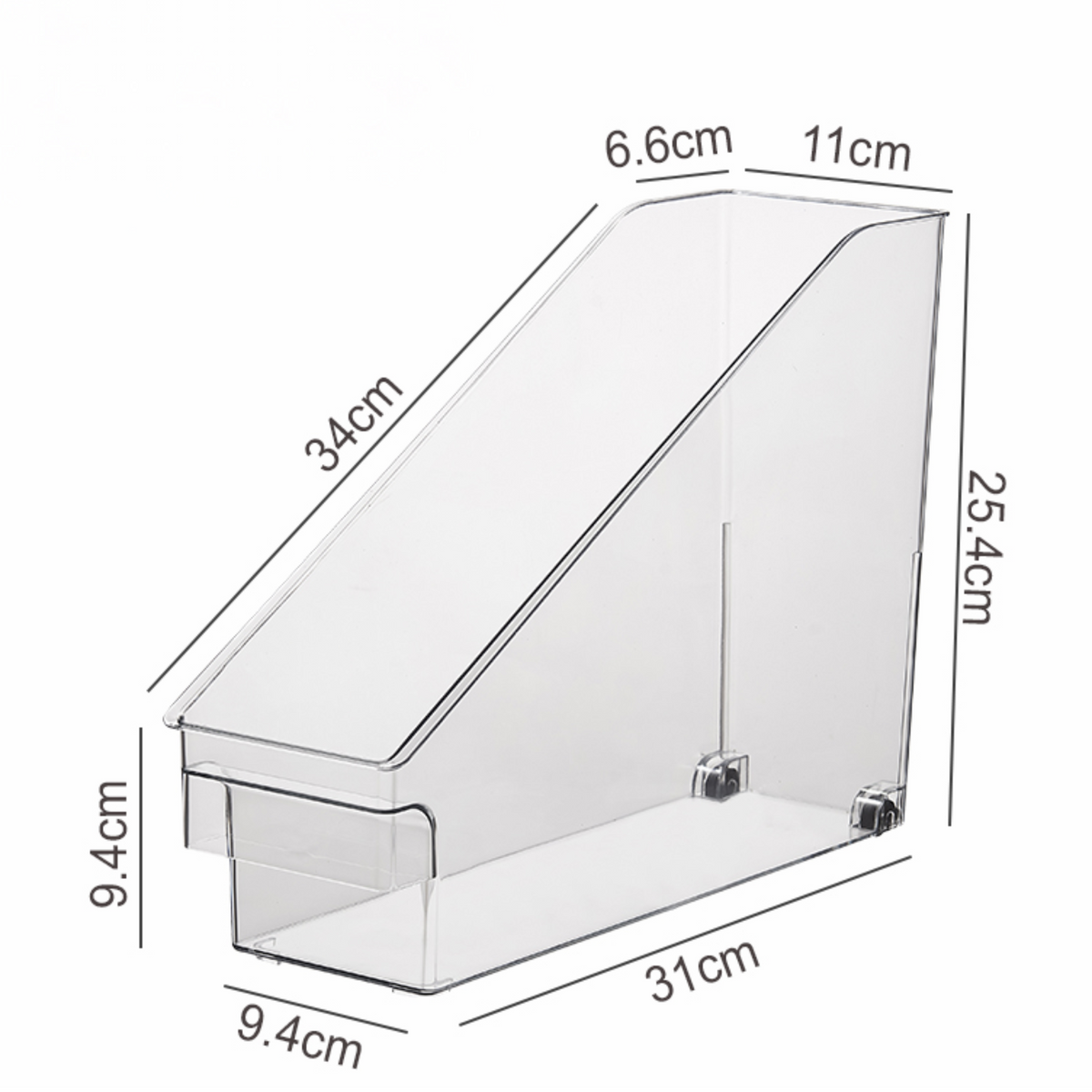 Clear Pull-Out Organiser with dimensions shown, ideal for deep shelves in kitchen or pantry, enhances storage organisation.