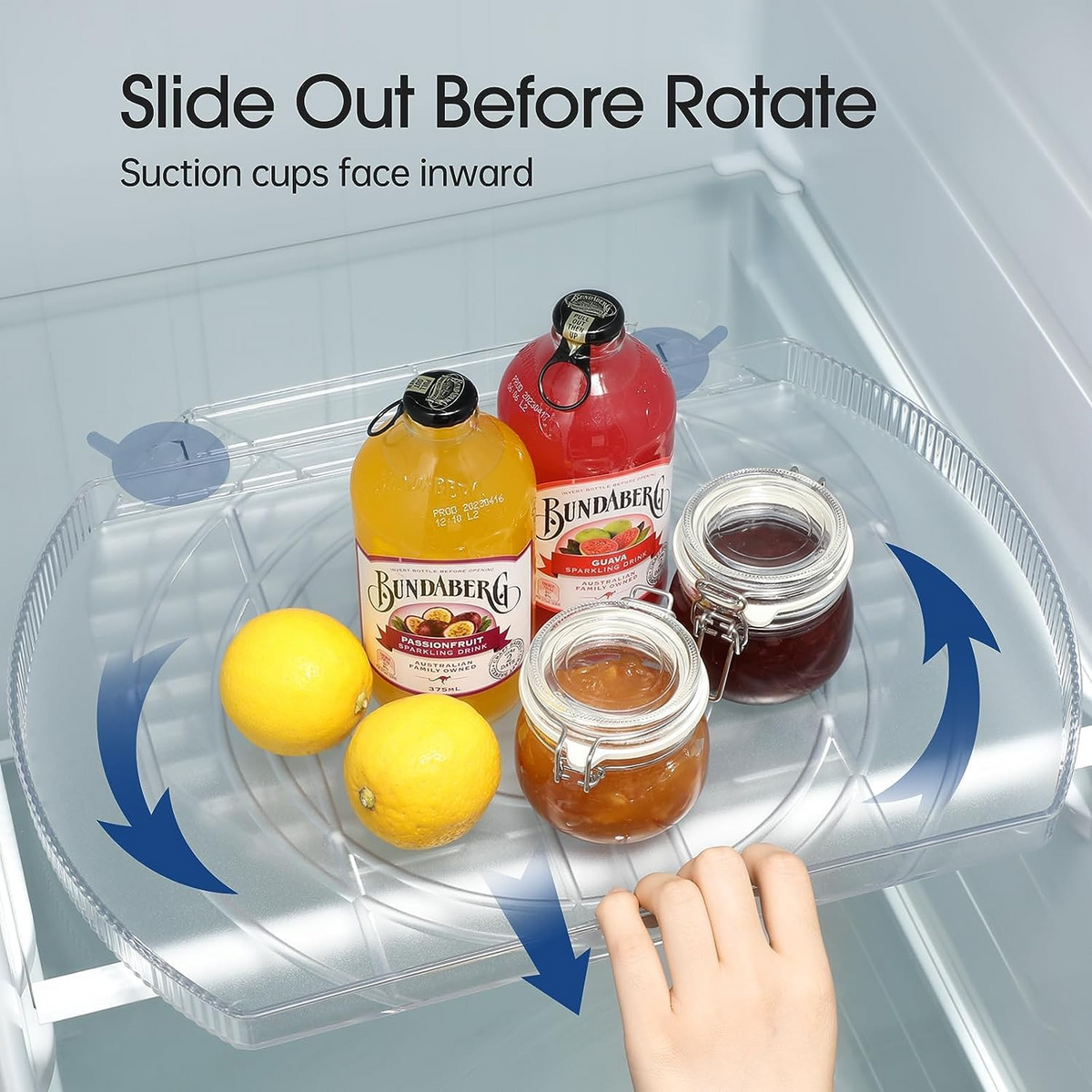 Rectangular Rotating Lazy Susan – Space-Saving Fridge Turntable holding drinks and jars for kitchen and fridge organisation.