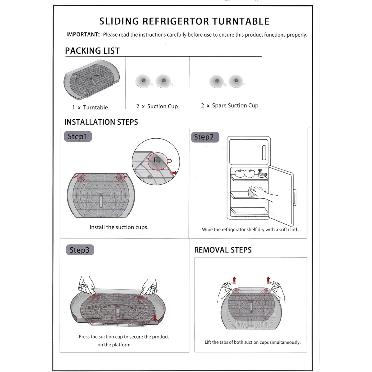 Installation guide for Rectangular Rotating Lazy Susan – Space-Saving Fridge Turntable with steps for suction cup use.