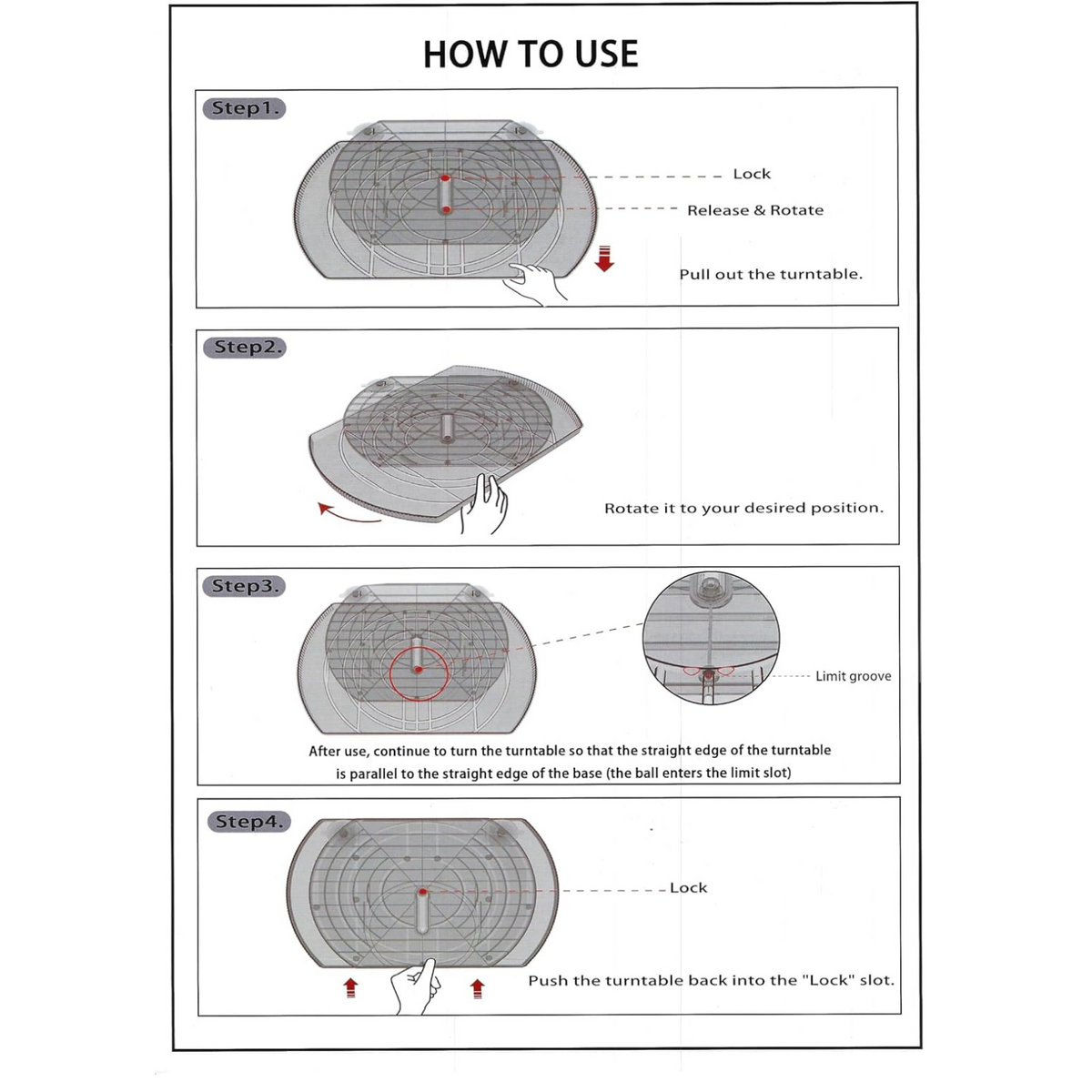 Instructions for using the Rectangular Rotating Lazy Susan – Space-Saving Fridge Turntable for efficient kitchen organisation.