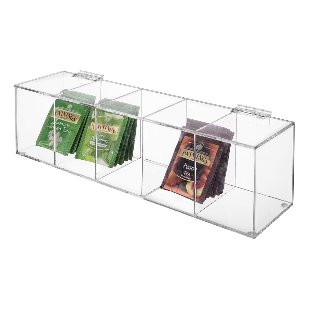 Clear Acrylic Tea Bag Organiser Box – 5 Compartment for pantry organisation, ideal for kitchen use and storage organisers.
