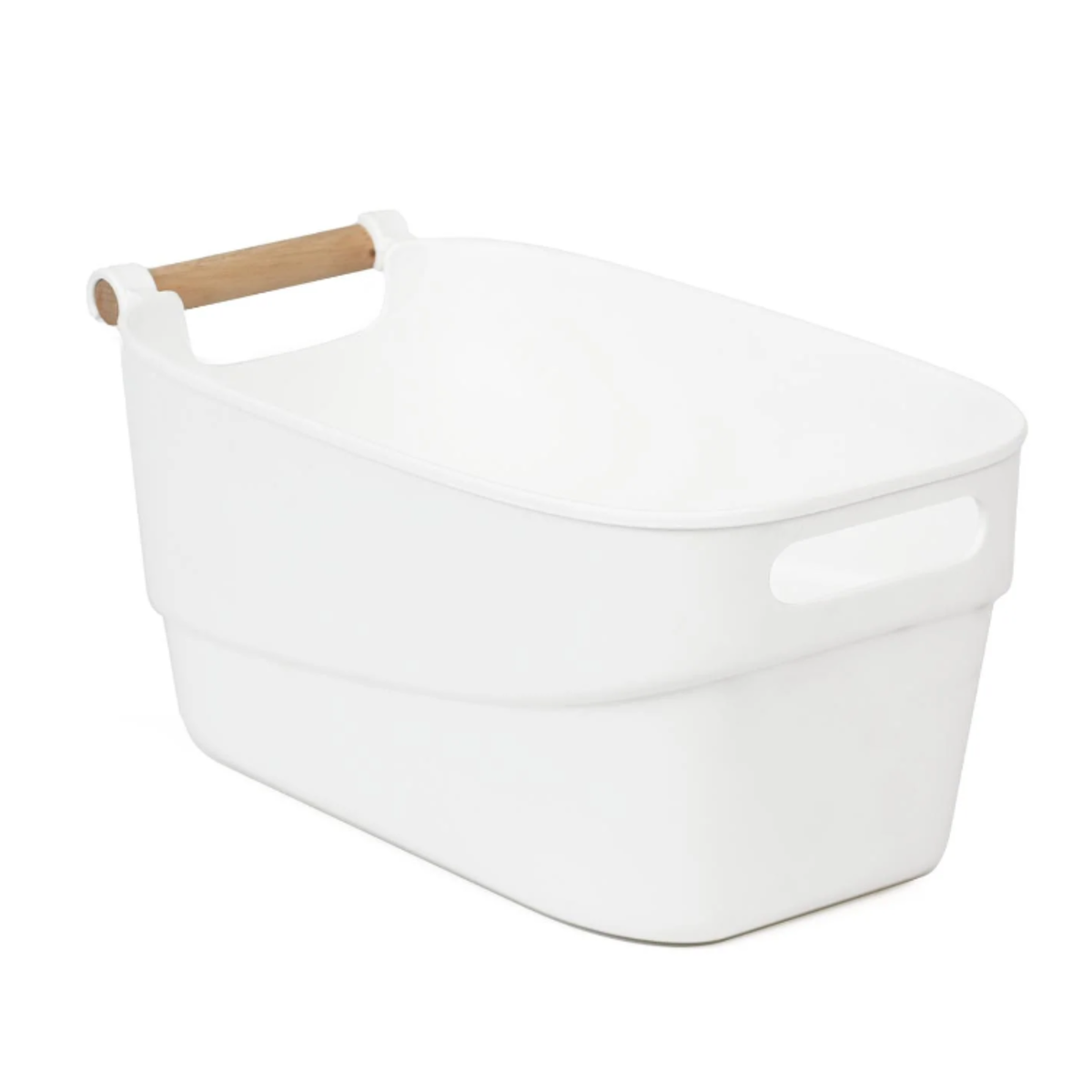 Small White Storage Tub – Stylish with Wooden Handles for kitchen organisation. Ideal under sink storage or pantry organiser.