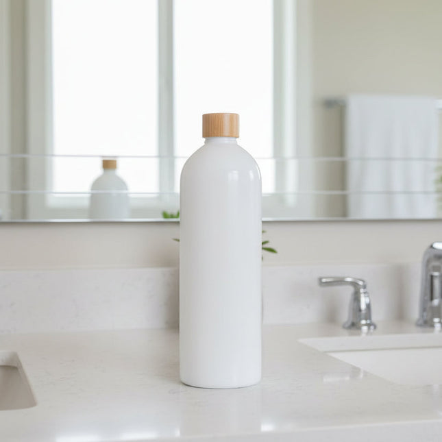 White Screw Top Bottle – 500 ml Refillable Storage used as under sink storage organiser in bathroom setting.