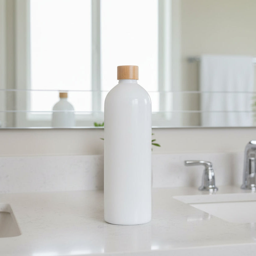 White Screw Top Bottle – 500 ml Refillable Storage used as under sink storage organiser in bathroom setting.