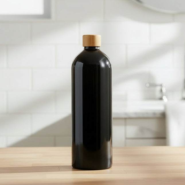 Black Screw Top Bottle – 500 ml Refillable Storage on kitchen counter, ideal for pantry organisation and under sink storage.