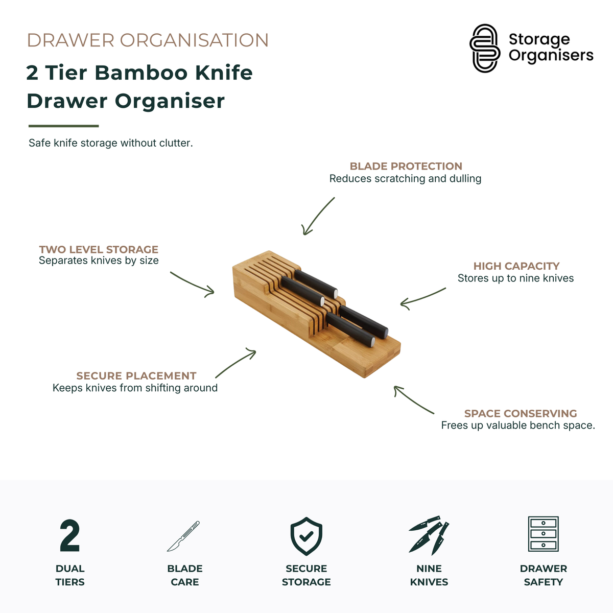 2-tier bamboo knife drawer organiser designed to safely store up to nine kitchen knives while protecting blades from scratches and dulling. Compact in-drawer knife storage solution features dual-level slots for separating knives by size, keeping countertops clutter-free and improving kitchen organisation. Durable bamboo construction provides secure knife placement, space-saving storage and easy access to cooking essentials.