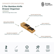 2-tier bamboo knife drawer organiser designed to safely store up to nine kitchen knives while protecting blades from scratches and dulling. Compact in-drawer knife storage solution features dual-level slots for separating knives by size, keeping countertops clutter-free and improving kitchen organisation. Durable bamboo construction provides secure knife placement, space-saving storage and easy access to cooking essentials.