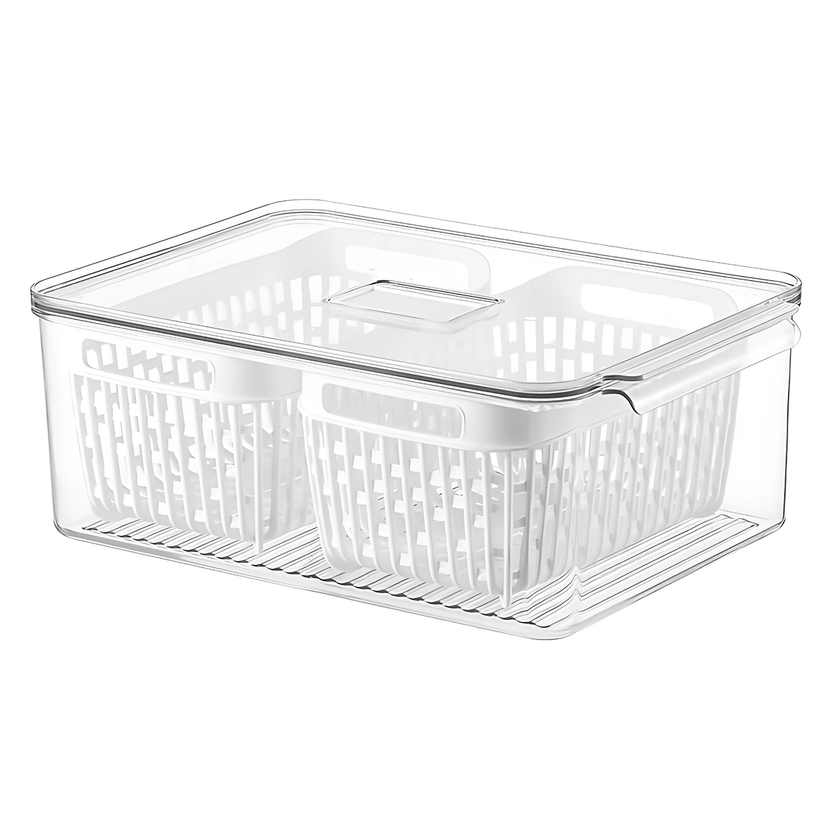 Fridge Storage Container with Double Basket, ideal for kitchen organisation, perfect for efficient pantry or fridge storage.