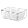 Clear fridge storage container with double basket for kitchen organisation, perfect for space-saving in pantry or bathroom.