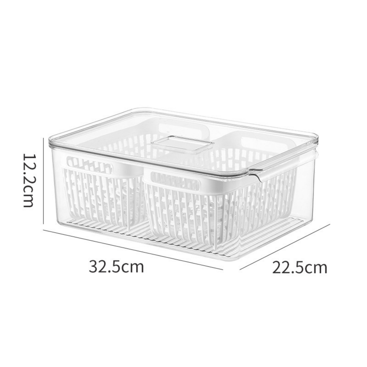 Fridge Storage Container with Double Basket for kitchen organisation. Ideal for pantry and fridge storage with dimensions shown.