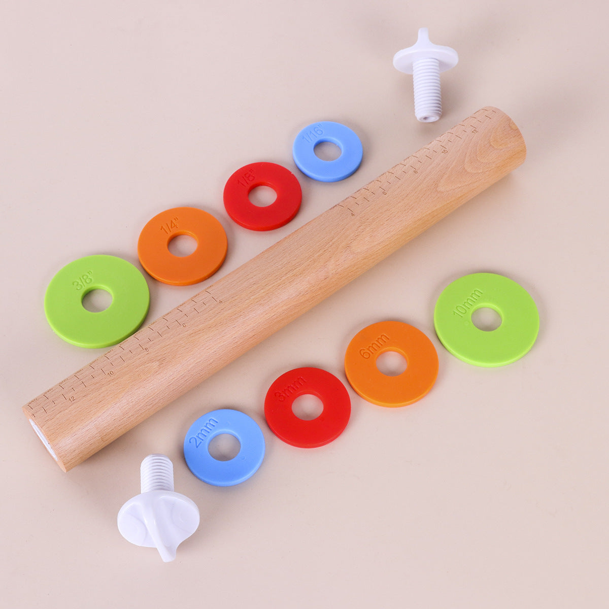 Adjustable Bamboo Rolling Pin with measurement rings for precise baking, ideal for kitchen organisation and storage.