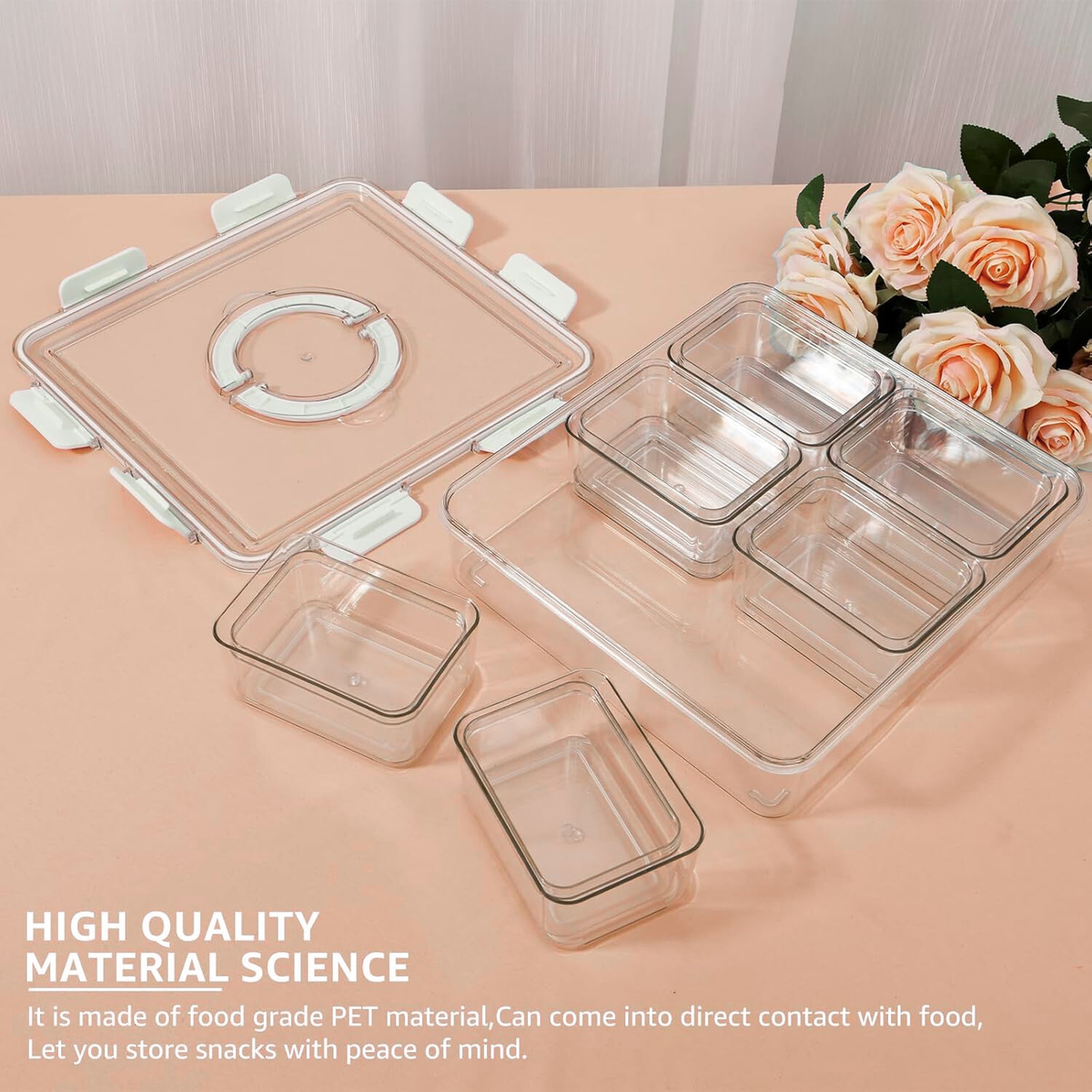 Snack Organiser & Fridge Storage Set – 7-Piece with Handle, ideal for kitchen or pantry use, featuring glass jars for snacks.