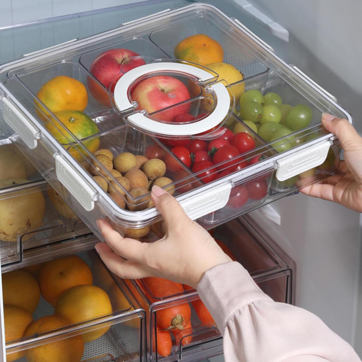 Person placing a Snack Organiser & Fridge Storage Set – 7-Piece with Handle in a fridge. Ideal for kitchen and fridge organisation.