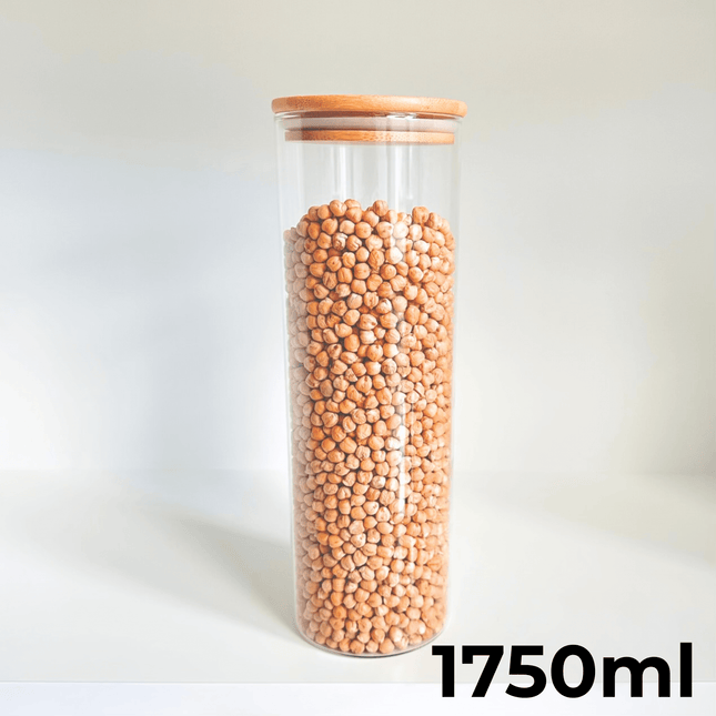Round Bamboo Pantry Glass Jar Set – 5 Stackable Sizes featuring 1750ml jar ideal for pantry organisation and kitchen storage.