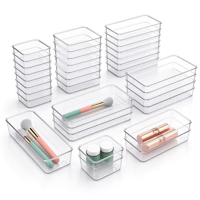 25-piece clear drawer organiser set in 4 sizes on white background