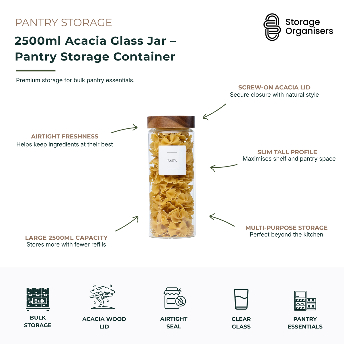 Large 2500ml glass pantry storage jar with airtight screw-on acacia wood lid, designed for bulk food storage and pantry organisation. Tall clear glass container provides easy visibility of contents and is ideal for storing pasta, rice, flour, cereal, grains, snacks, coffee, and dry food essentials while helping maintain freshness and maximise pantry shelf space.