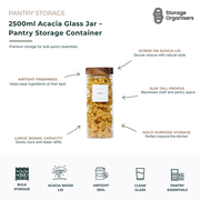 Large 2500ml glass pantry storage jar with airtight screw-on acacia wood lid, designed for bulk food storage and pantry organisation. Tall clear glass container provides easy visibility of contents and is ideal for storing pasta, rice, flour, cereal, grains, snacks, coffee, and dry food essentials while helping maintain freshness and maximise pantry shelf space.