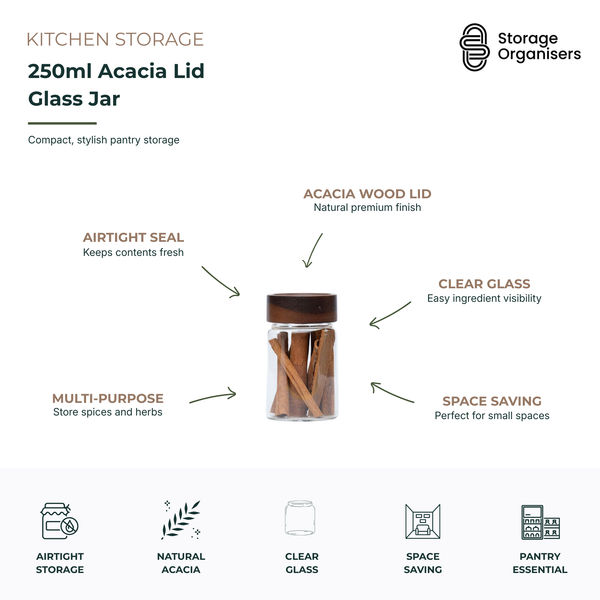 250ml glass storage jar with premium acacia wood lid, airtight seal, and clear glass design for storing spices, herbs, and pantry essentials while maximising freshness and visibility in compact kitchen spaces.