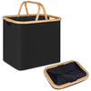 Black linen basket with double handle and bamboo accents, ideal for home organisation, laundry, and space-saving storage solutions.