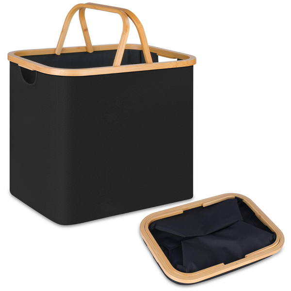 Black linen basket with double handle and bamboo accents, ideal for home organisation, laundry, and space-saving storage solutions.