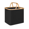 Black linen basket with double bamboo handles for stylish home organisation in kitchen, bathroom, or laundry; space-saving storage solution.