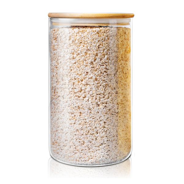 6400ml glass pantry jar with bamboo lid, ideal for kitchen organisation, stylish and space-saving storage solution for pantry or countertop.