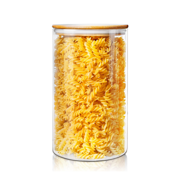 4800ml glass pantry jar with bamboo lid filled with pasta, ideal for kitchen storage solutions, space-saving home organisation.