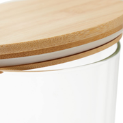 Close-up of a Large Glass Storage Jar with Bamboo Lid 1.6L, ideal for kitchen or pantry organisation. Perfect for storing dry goods.