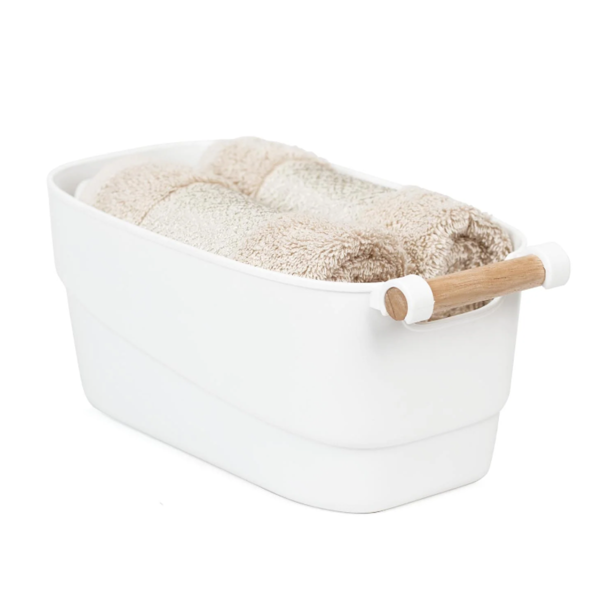 Small White Storage Tub – Stylish with Wooden Handles holding towels, ideal for bathroom and under sink storage organisers.