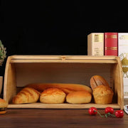 Bamboo Rolltop Bread Box Bin 40cm for kitchen organisation, showcasing fresh bread rolls. Ideal for pantry and storage organisers.