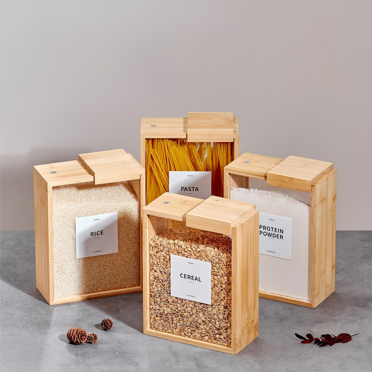 Bamboo Food Dispenser – 3L showcasing pantry organisation with storage organisers for rice, pasta, cereal, and dry pantry goods in kitchen.