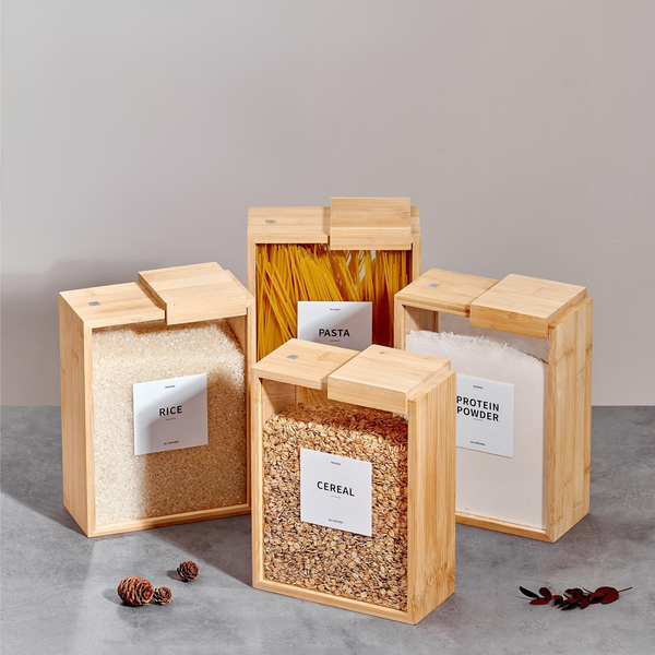 Bamboo food dispensers 3L for kitchen storage, featuring glass fronts for organizing rice, cereal, and more in a stylish, space-saving design.