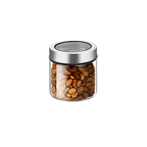 Glass storage jar with a clear stainless lid, filled with nuts, ideal for kitchen, pantry, or bathroom, offering stylish home storage solutions.