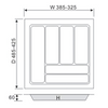 Illustration of a white cutlery tray measuring 430x480mm, ideal for kitchen organisation, offering stylish storage solutions.
