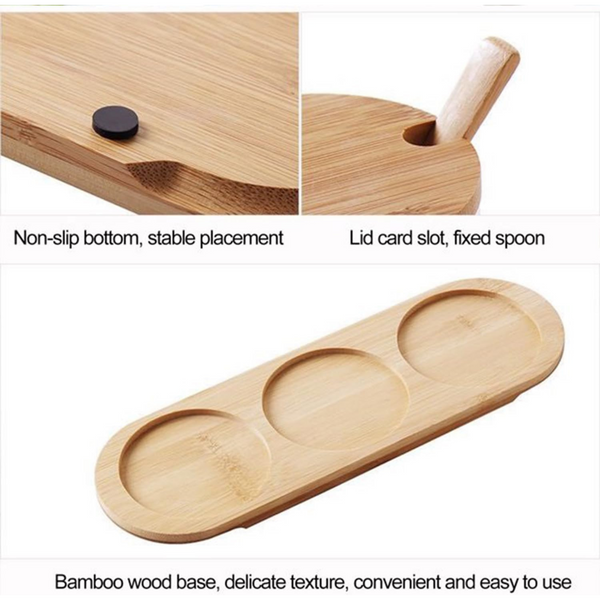 Bamboo trio jar holder with non-slip bottom and spoon slot, ideal for kitchen or pantry organisation and stylish storage solutions.