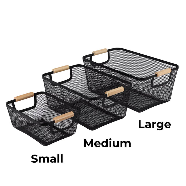 Black Mesh Basket with Wooden Handles