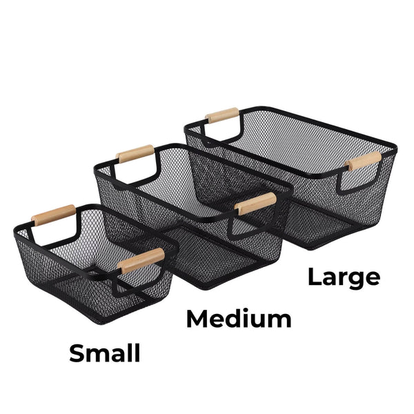 Black Mesh Basket with Wooden Handles