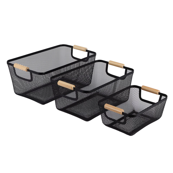 Black mesh storage baskets with wooden handles, perfect for home organisation, kitchen storage, and space-saving solutions in Australia.