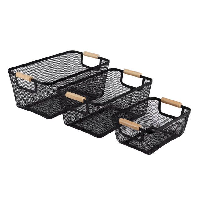Black Mesh Basket with Wooden Handles