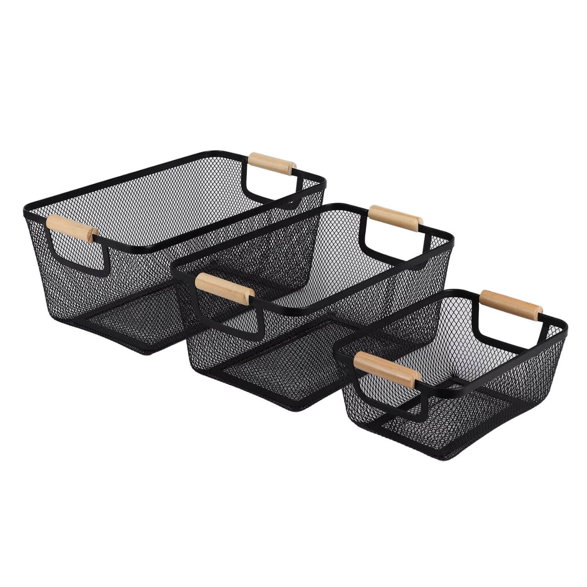 Black Mesh Basket with Wooden Handles