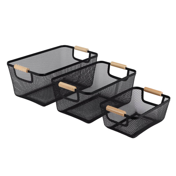 Black Mesh Basket with Wooden Handles