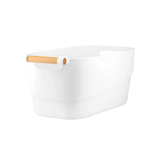 White storage organiser from Under Sink Storage Starter Set – 7 Pack, ideal for under sink or pantry use with wooden handles for easy access.