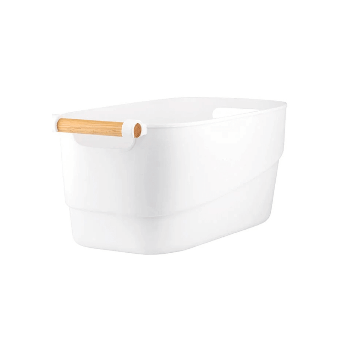 White storage organiser from Under Sink Storage Starter Set – 7 Pack, ideal for under sink or pantry use with wooden handles for easy access.