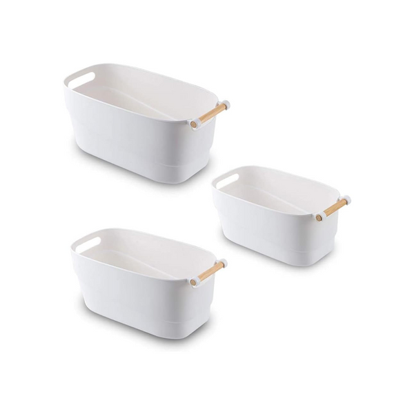 Large white storage tub with wooden handle for stylish and practical organisation
