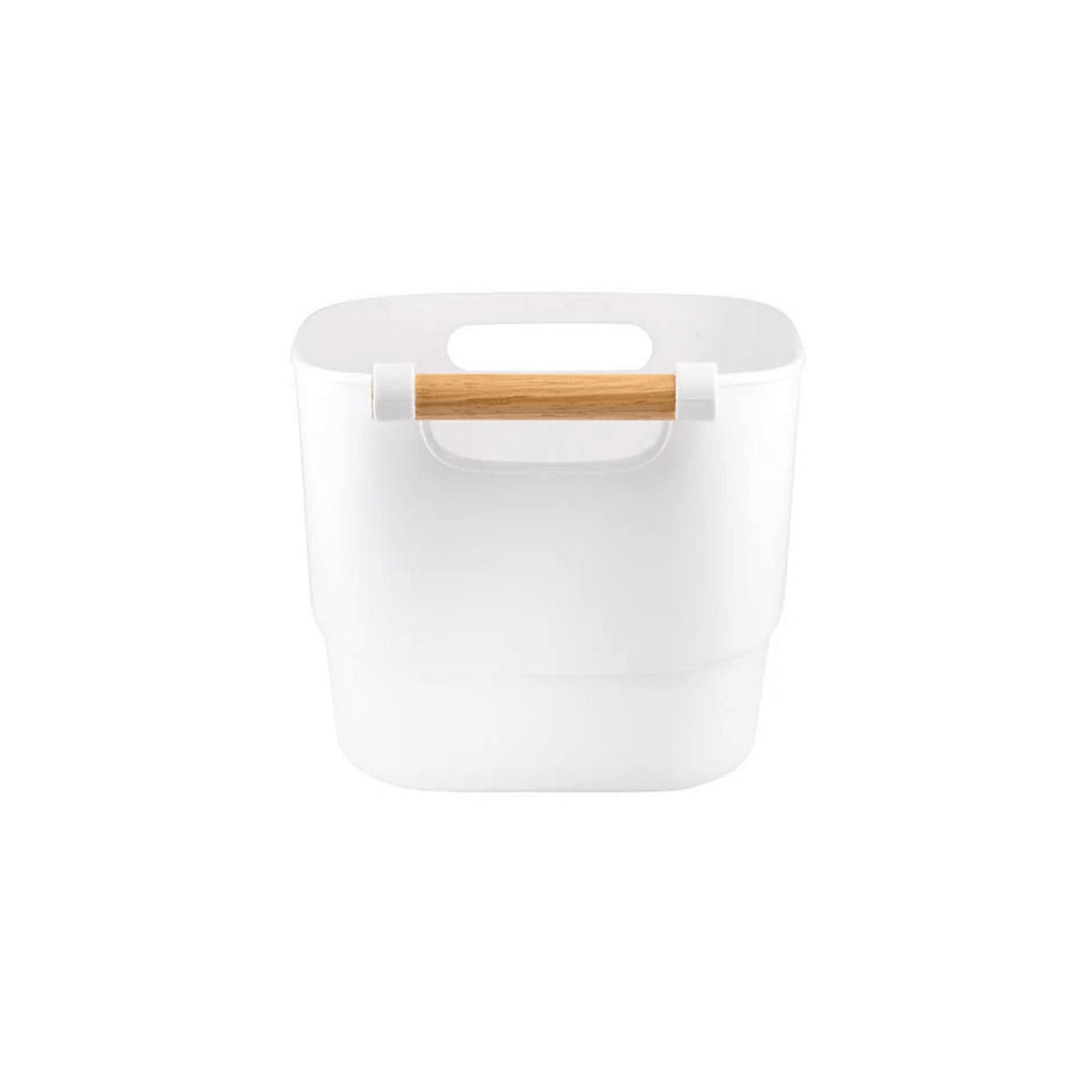 Medium White Storage Tub with Wooden Handle ideal for kitchen organisation. Perfect for pantry or under sink storage.
