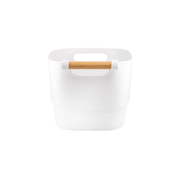 Medium White Storage Tub with Wooden Handle ideal for kitchen organisation. Perfect for pantry or under sink storage.