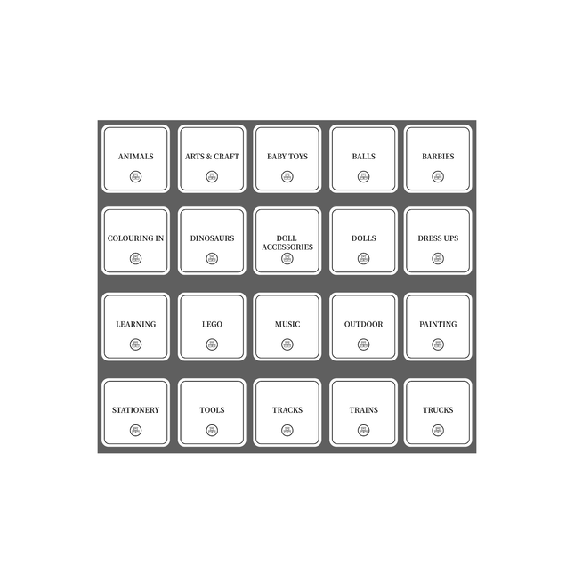 Square Toy Room Organisational Stickers – 36 Pack, ideal for toy storage organisation and improving drawer organisers in playrooms.